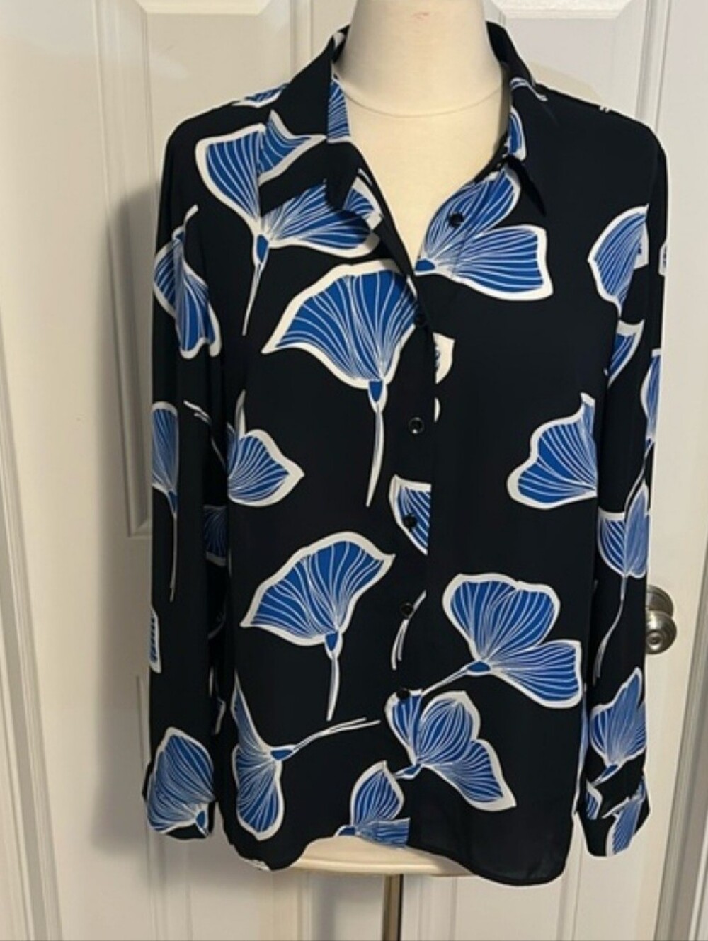 CAbi Navy Blouse with Blue and White Floral Print